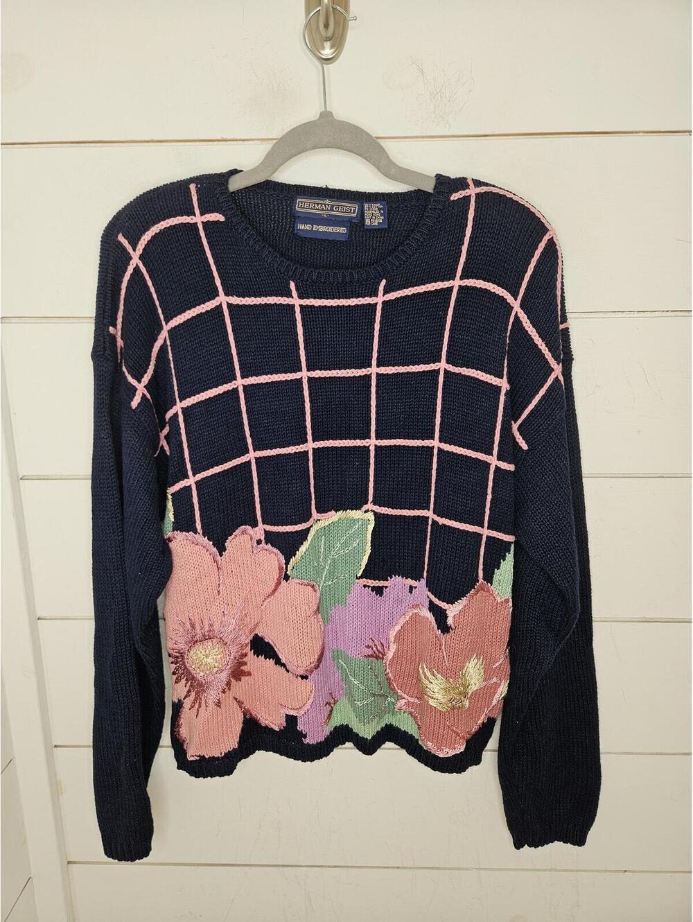 Vintage Herman Geist large navy blue with pink flowers heavyweight sweater